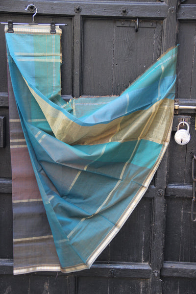 REHWA Maheshwari Handwoven Neem Reshmi Gold Zari GSV Border Saree