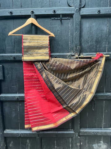 REHWA Maheshwari Handwoven Neem Reshmi Chatai Gold Zari Border Saree