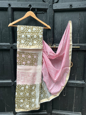 REHWA Maheshwari Handwoven Neem Reshmi Printed Narmada Border Saree