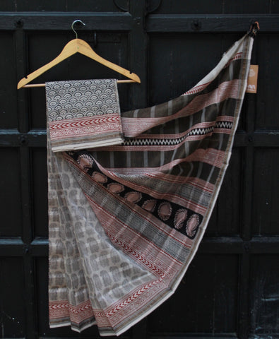REHWA Bagh Print Maheshwari Handwoven Neem Reshmi Rulful Border Saree
