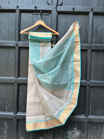 REHWA Maheshwari Handwoven Neem Reshmi Gold Zari DUM Border Saree