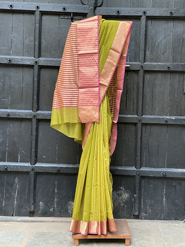 REHWA Maheshwari Handwoven Neem Reshmi Jugnu Border Saree