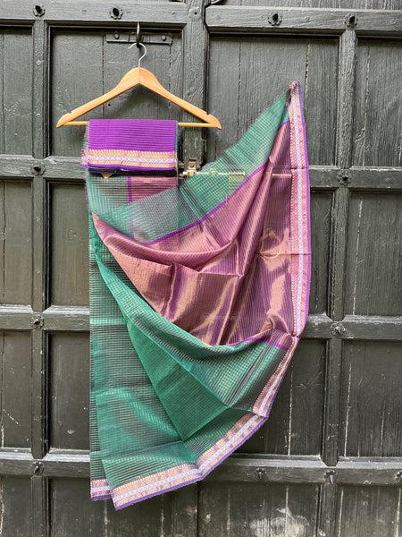 REHWA Maheshwari Handwoven Neem Reshmi Gold Zari Rajani Border Saree