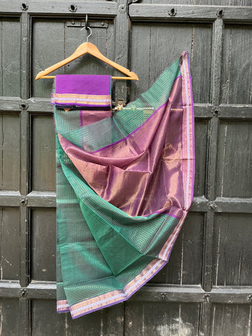 REHWA Maheshwari Handwoven Neem Reshmi Gold Zari Rajani Border Saree