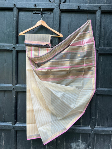 REHWA Maheshwari Handwoven Zari Tissue CHOKA Border Saree