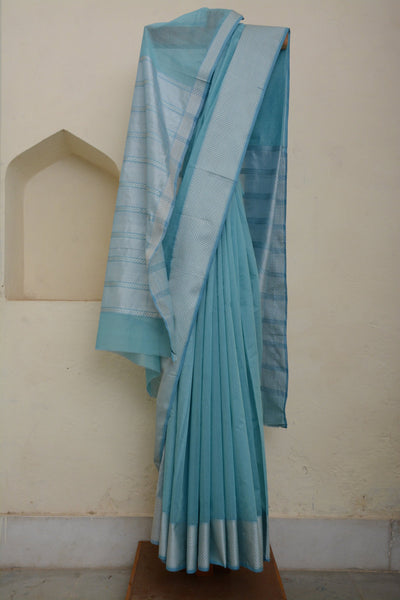 Sky Blue Maheshwari Sari with Silver Border
