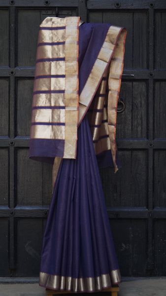Striped Dark Purple Maheshwari Sari with Dual Tone Gold and Silver Border