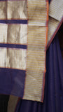 Striped Dark Purple Maheshwari Sari with Dual Tone Gold and Silver Border